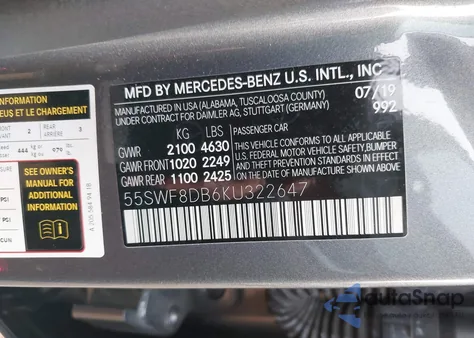 2019 Mercedes-Benz C 300 из США, поврежденный, VIN 55SWF8DB6KU322647